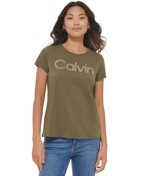 Calvin Klein Womens Short Sleeve Crystal Logo Tee
